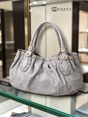 AUTHENTIC GUCCI PELAM GRAY STUDDED LEATHER SHOULDER BAG LARGE SLOUCHY GOLD HW